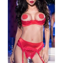 Chilirose Ensemble dentelle rouge seins nus